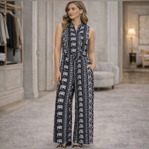 Soft Surroundings Sleeveless Black & Gray Printed Wide-Leg Jumpsuit Size 2X